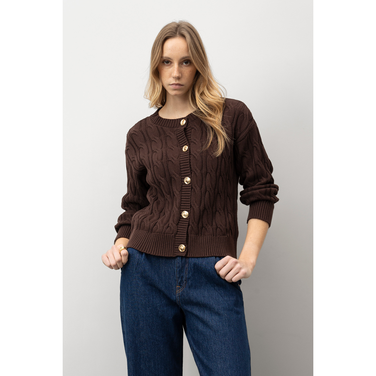 Brown Cable Knit Cardigan - 71013620_215 - Vilanova
